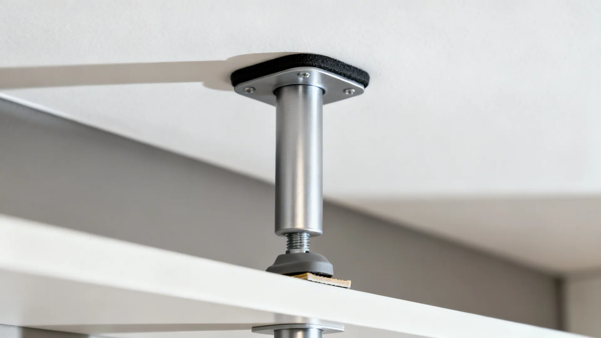 Close-up of a tension pole with rubber pad at the ceiling and an adjustable foot for stability.