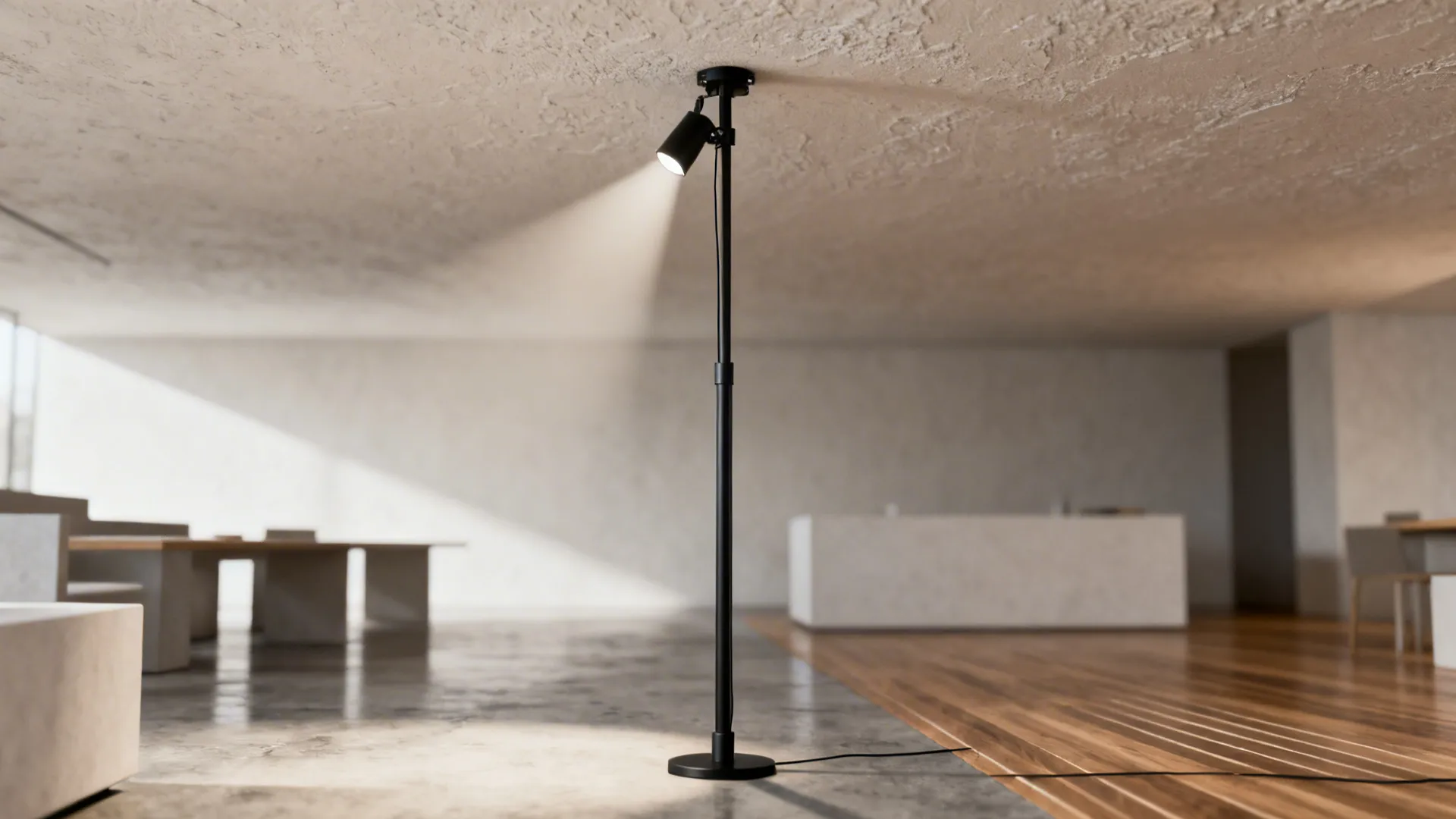 Tall floor-to-ceiling tension lamp pressing between floor and ceiling providing overhead light in a rental living room.