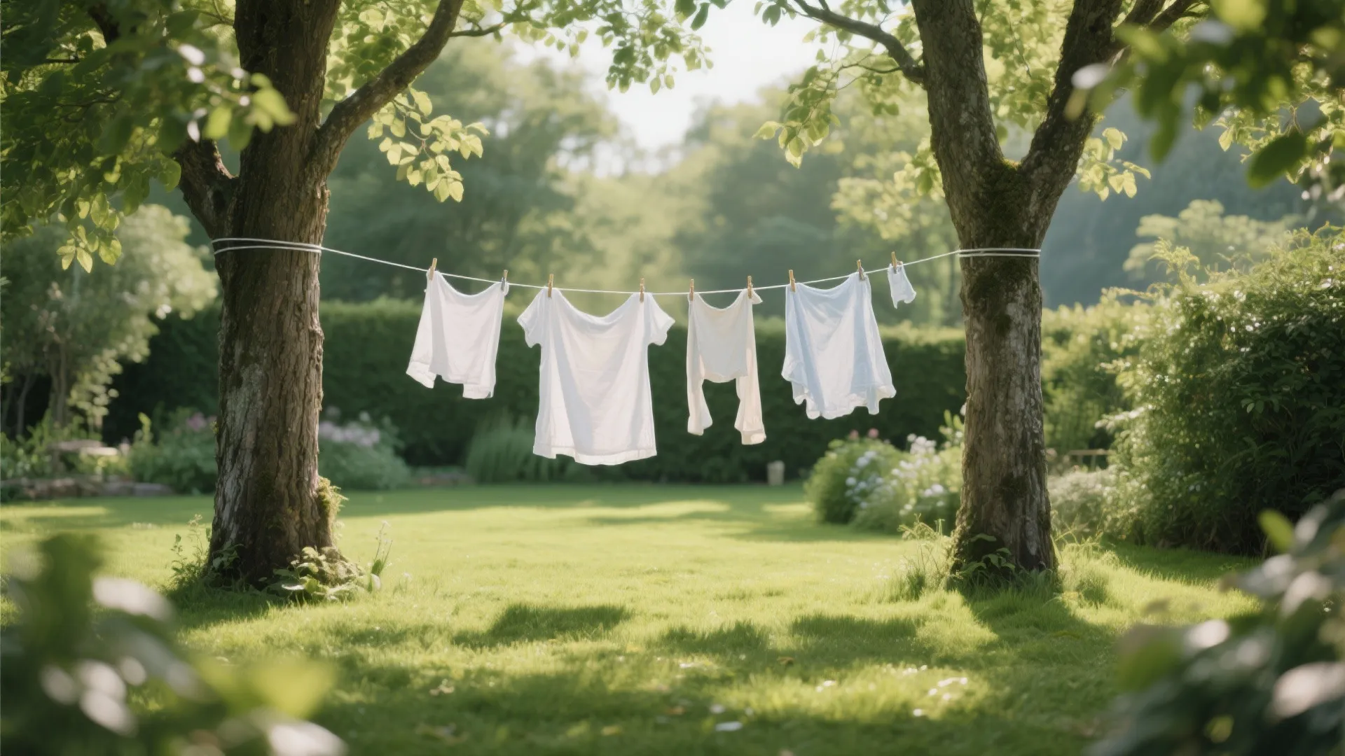 Clothesline tension pole between two garden trees
