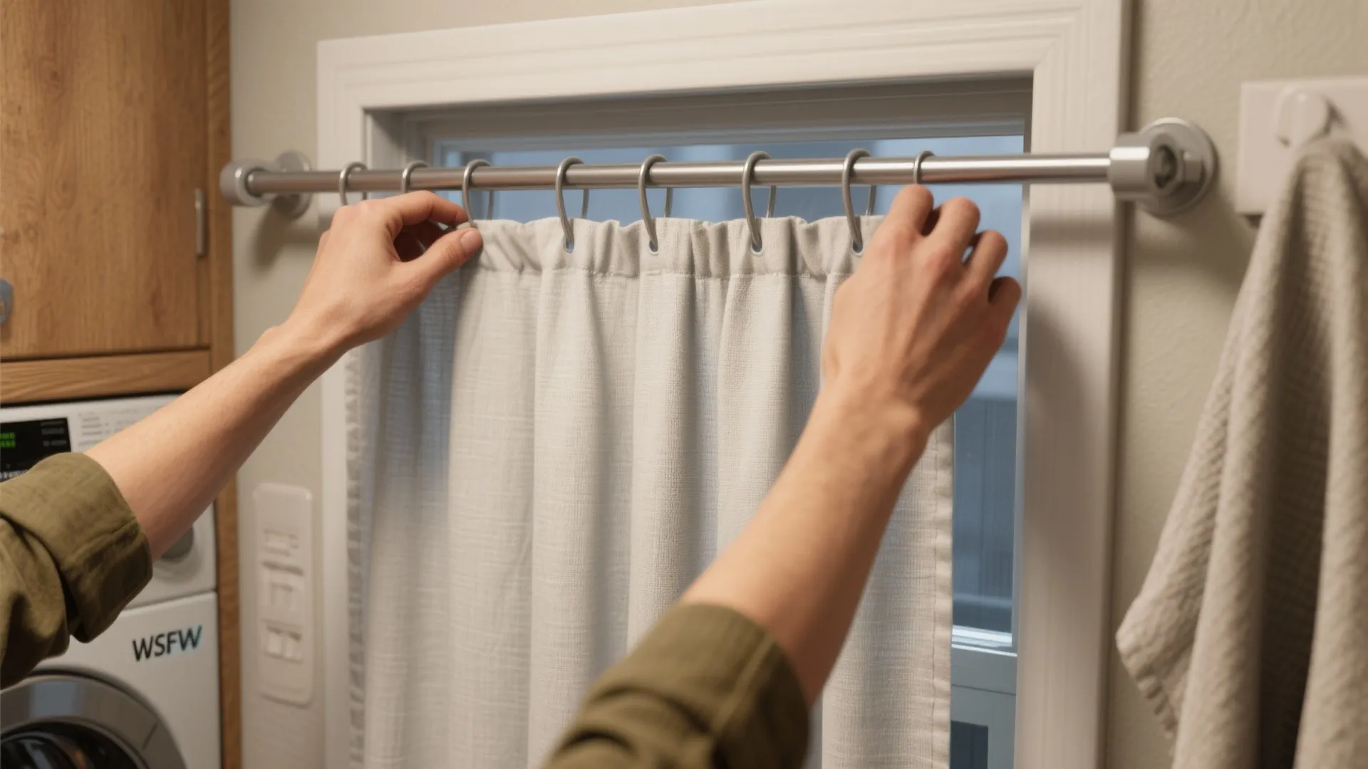 Two hands hanging a grey curtain on a silver metal rod over a small white window