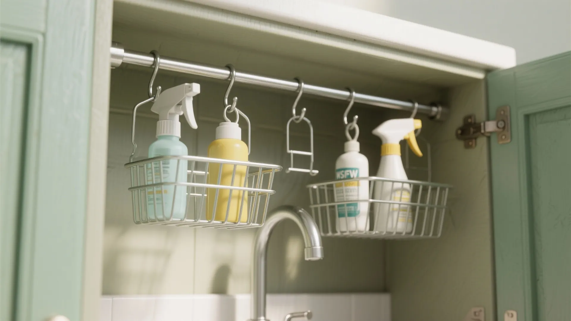 2. Use a tension rod and hanging baskets