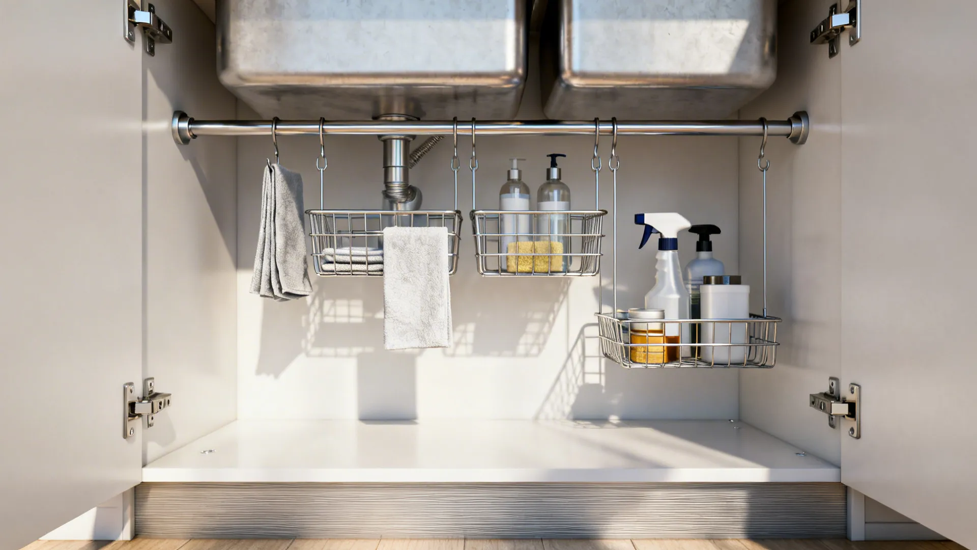 Under-sink cabinet with a tension rod and suspended wire baskets holding lightweight cleaning supplies.