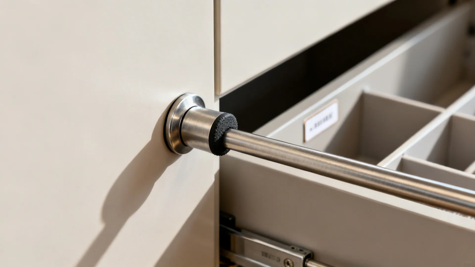 Close-up of a tension rod rubber-capped end firmly braced in a cabinet with labeled dividers.