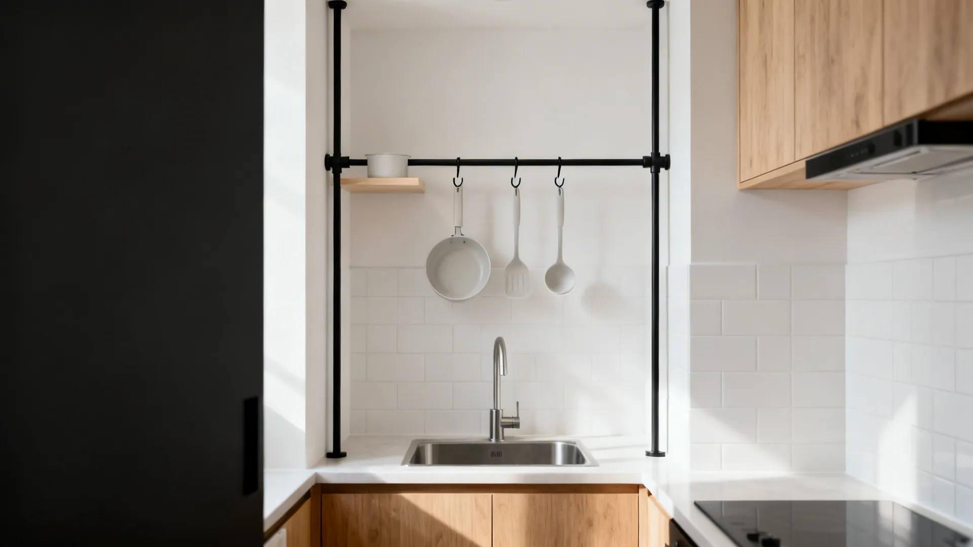 Compression pole tension-rod rack with S-hooks for utensils above a sink in a rental kitchen.