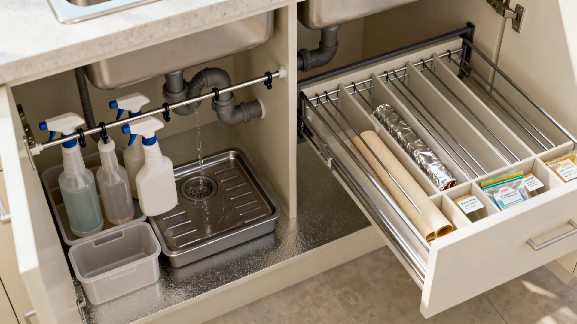 Top-down view of under-sink tension rods holding sprays and a drawer divided by rods for wraps and bags.