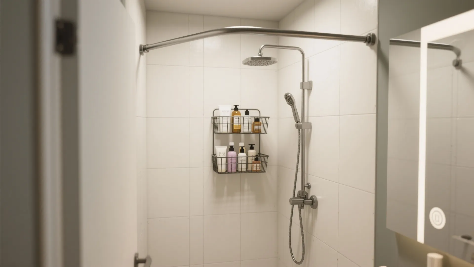 Modern white shower area with metal curtain rod two tiered wall shelf and silver shower head