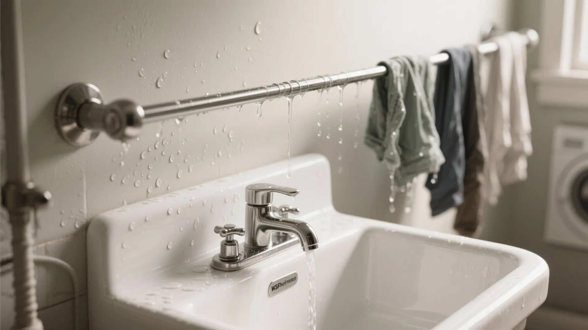 Metal wall rod hanging over a white ceramic sink with water dripping from wet laundry clothes
