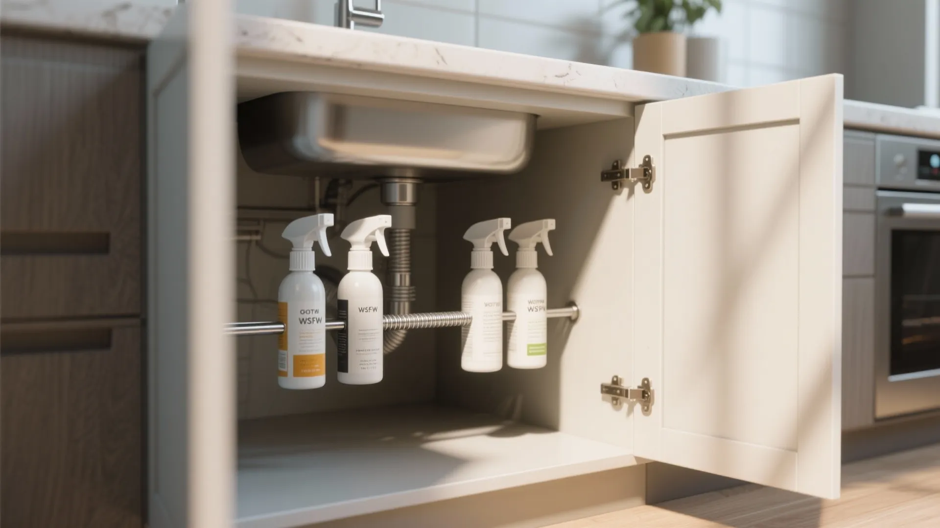 Tension rod under sink holding spray bottles