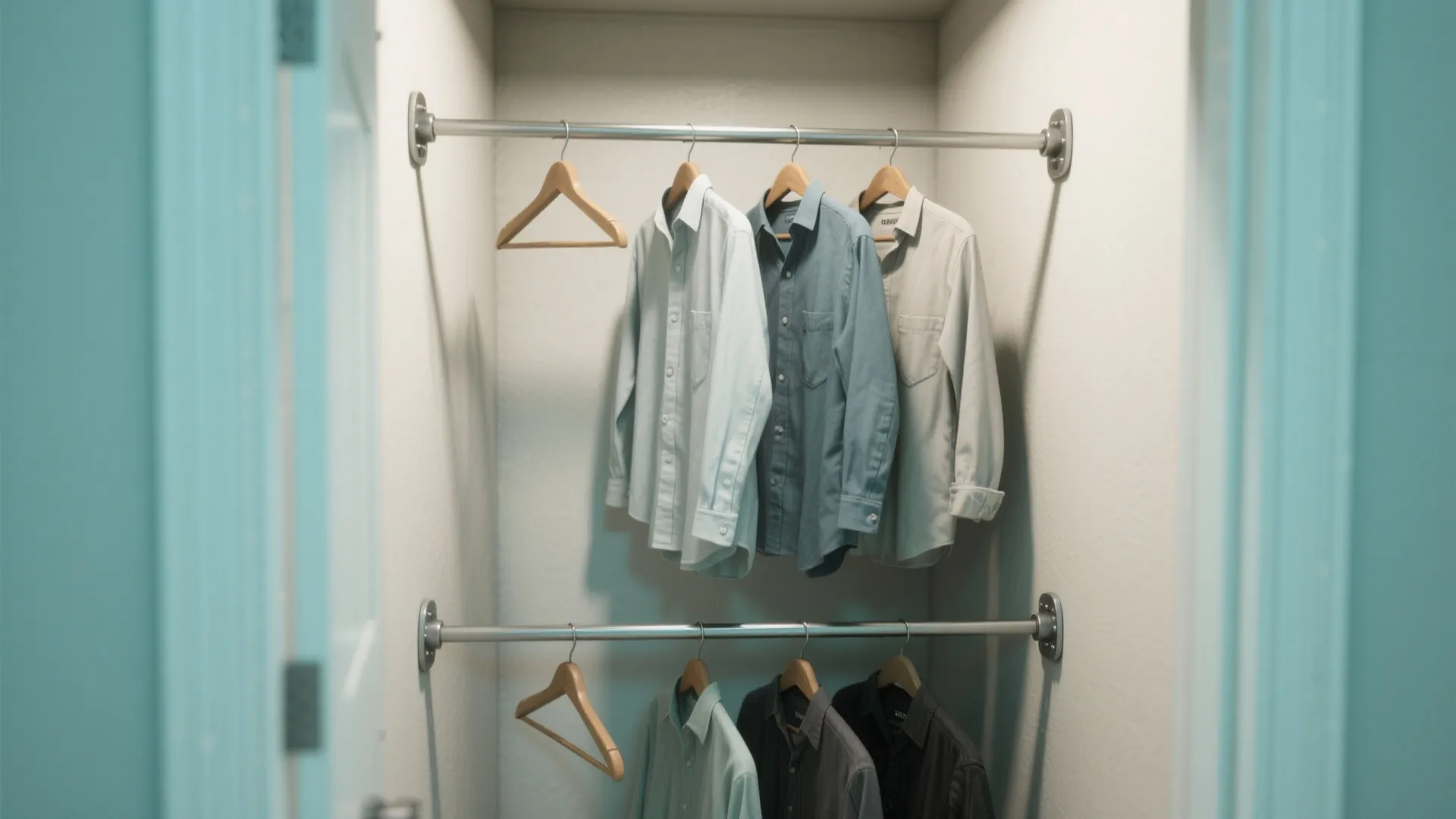 Two horizontal closet rods holding several colored shirts on wooden hangers inside a small closet