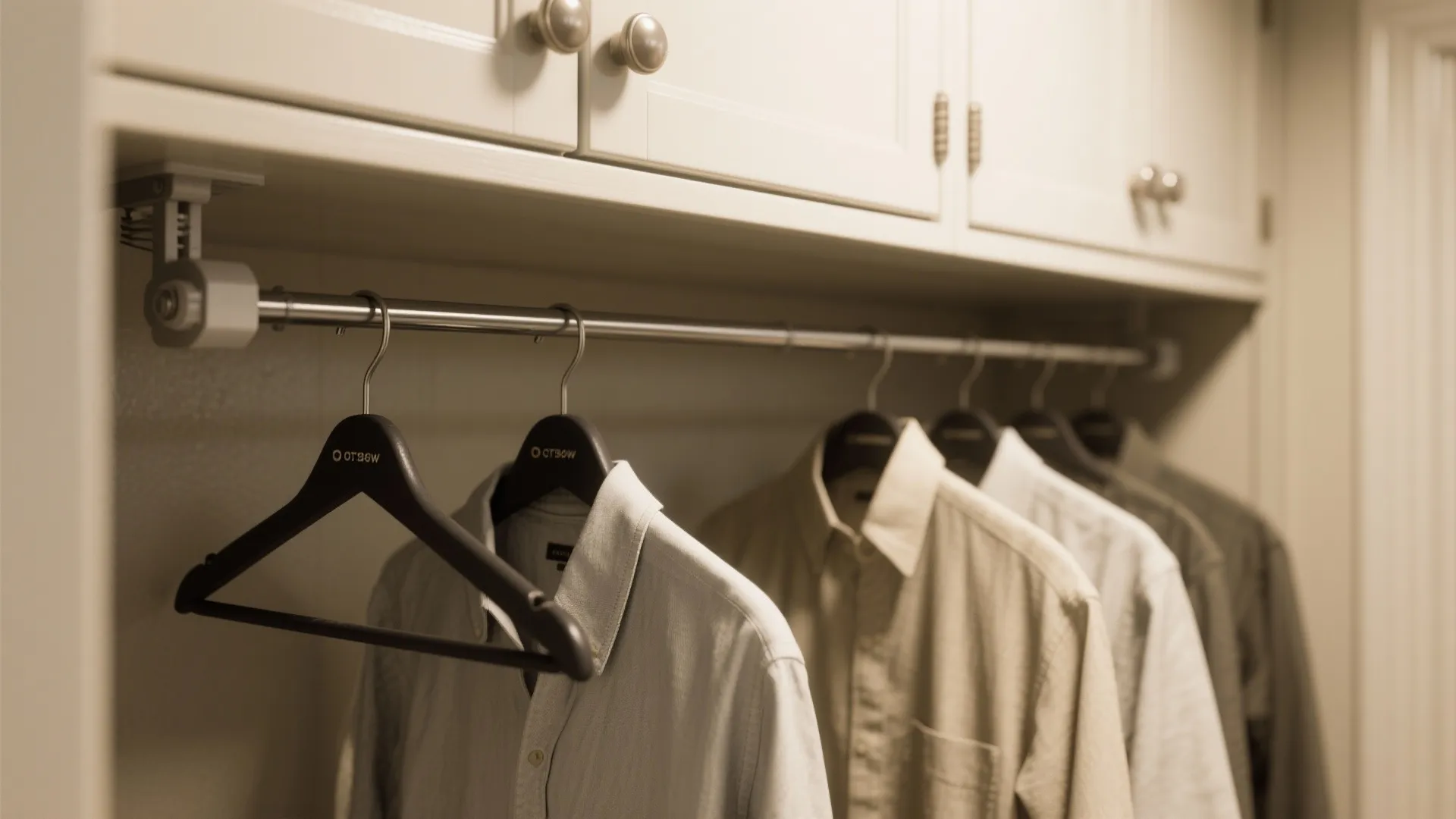 Silver metal closet rod holding several shirts on black hangers under white wooden storage kitchen cabinets