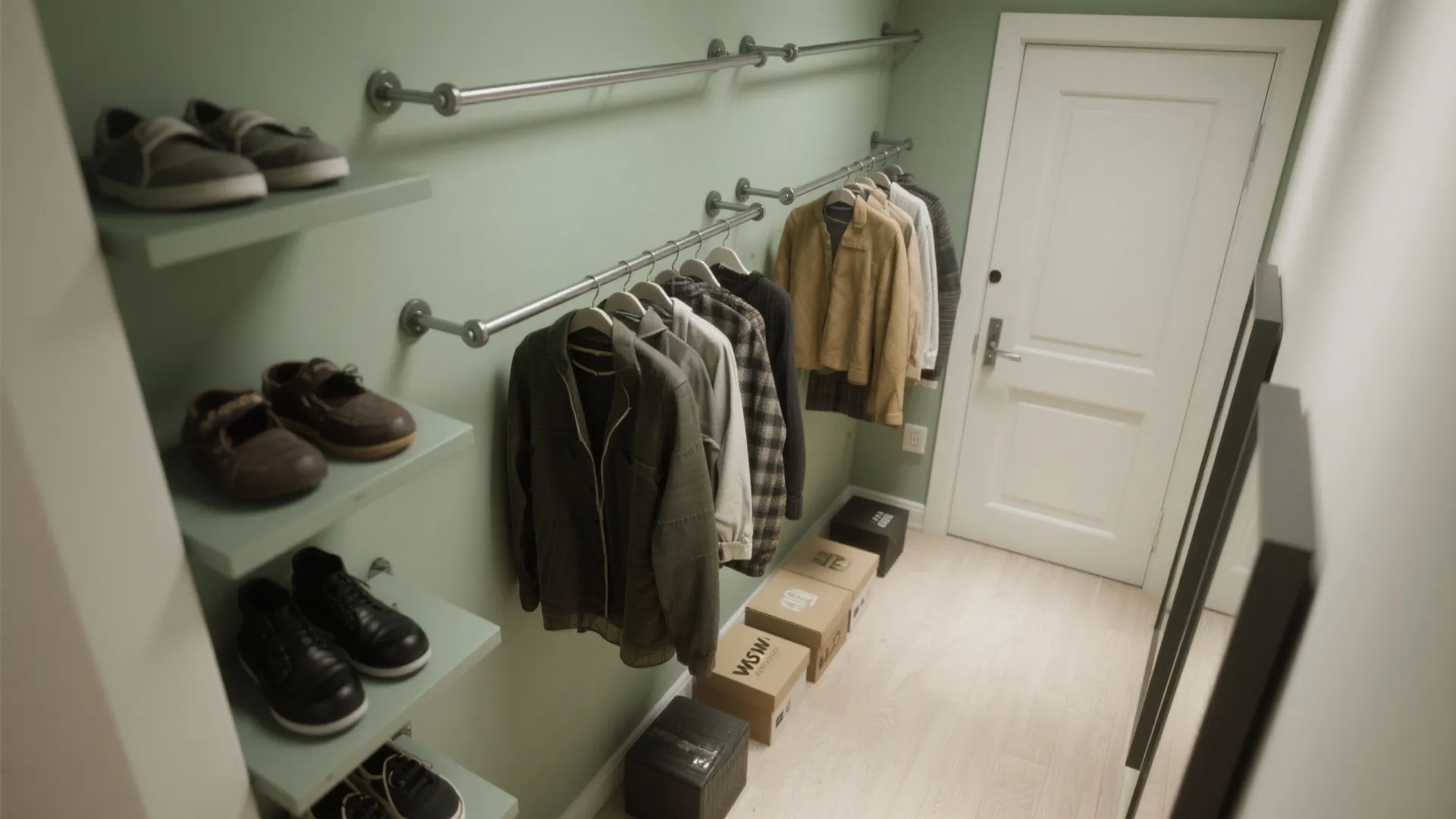 Narrow green walk in closet featuring wall mounted metal clothes rods and several open shelves