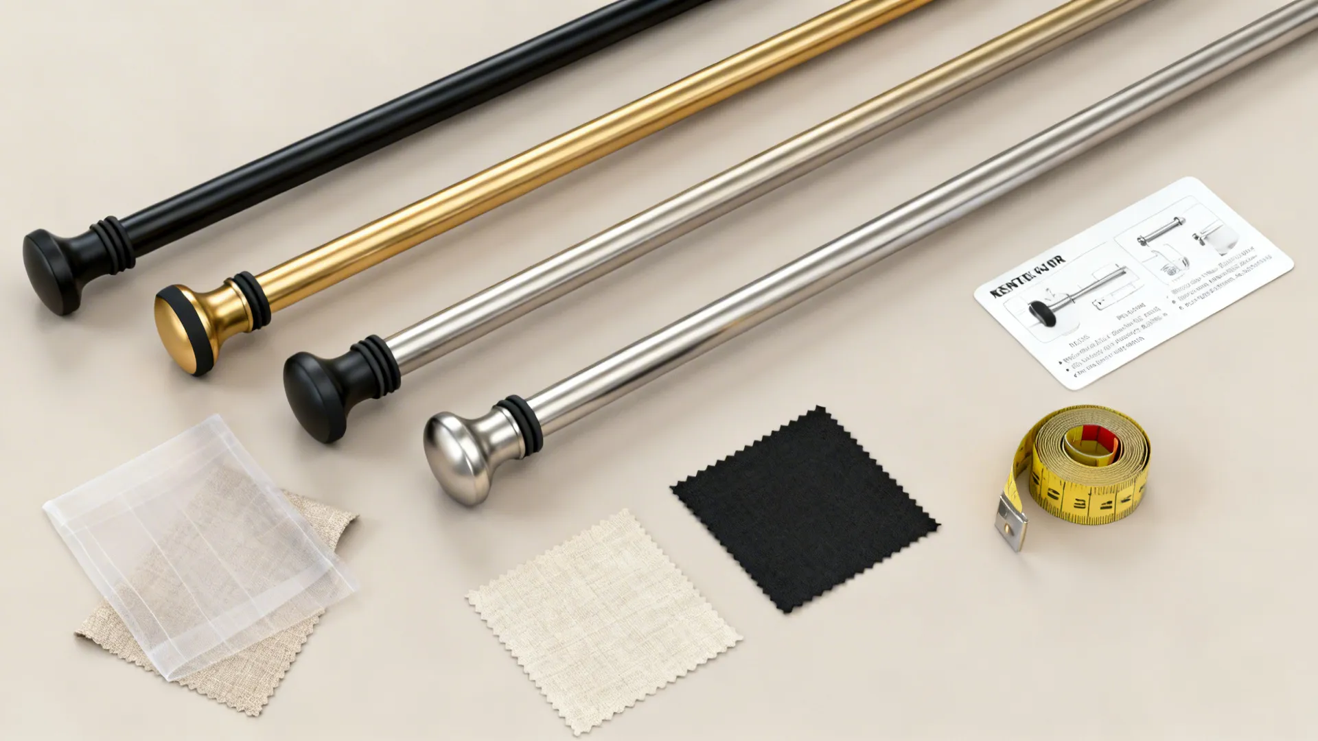 Flatlay of decorative tension rods, fabric swatches, and measuring tape for renter-friendly curtain installs