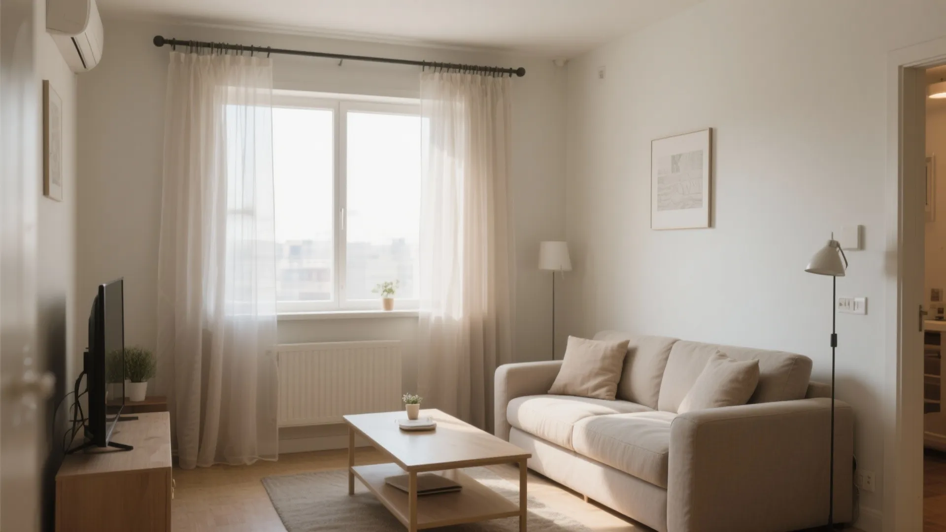 Rental living room with no-drill tension curtain rods