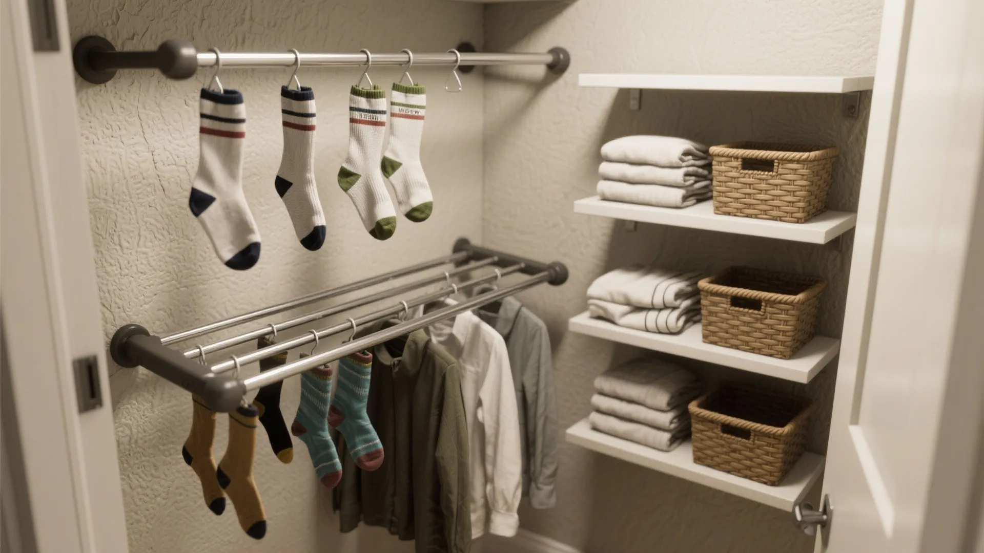 Small closet organization showing hanging socks and white shelves with folded clothes and woven storage baskets