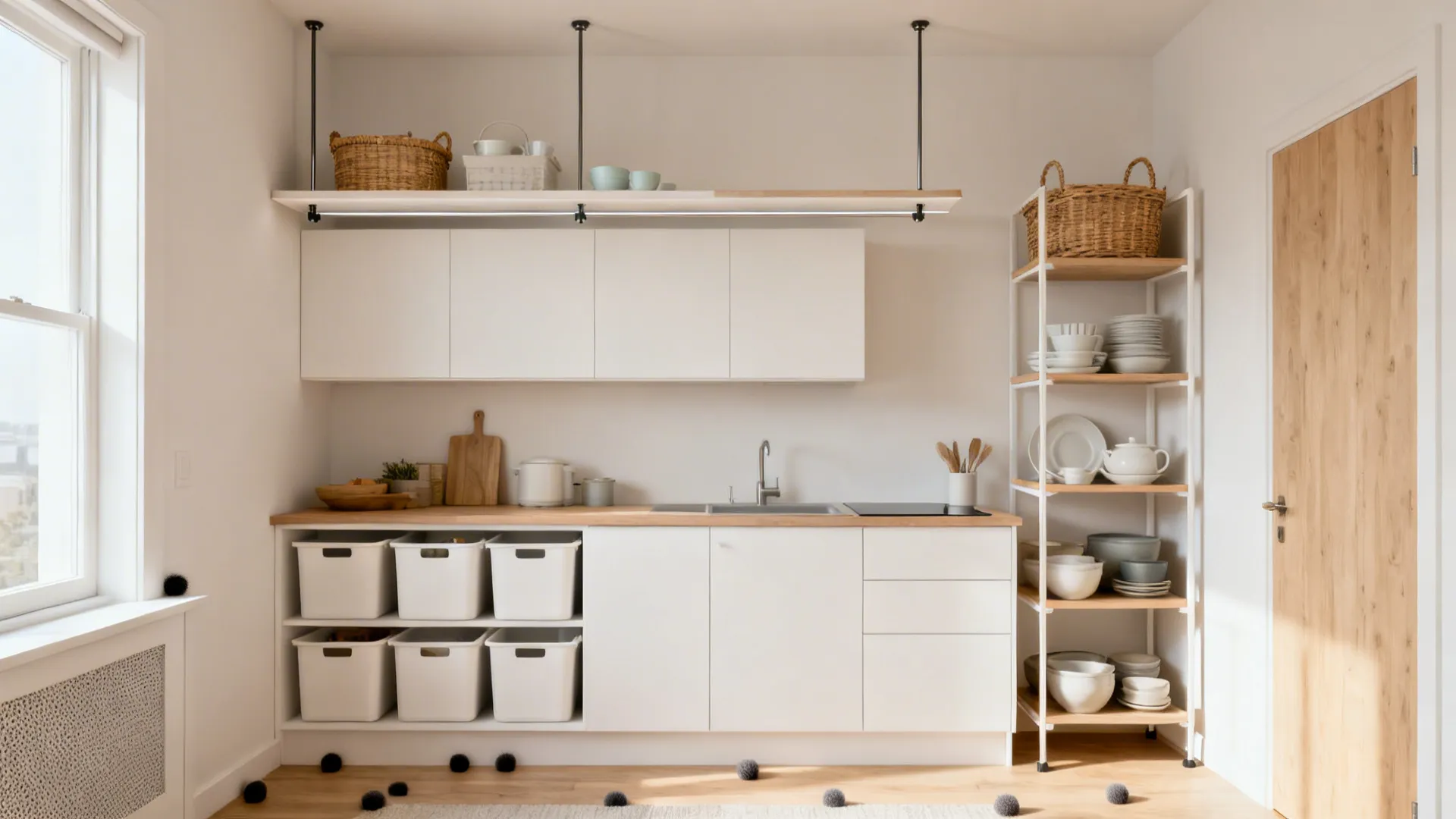 Ceiling-high tension pole shelves and a slim top shelf add renter-safe vertical storage.