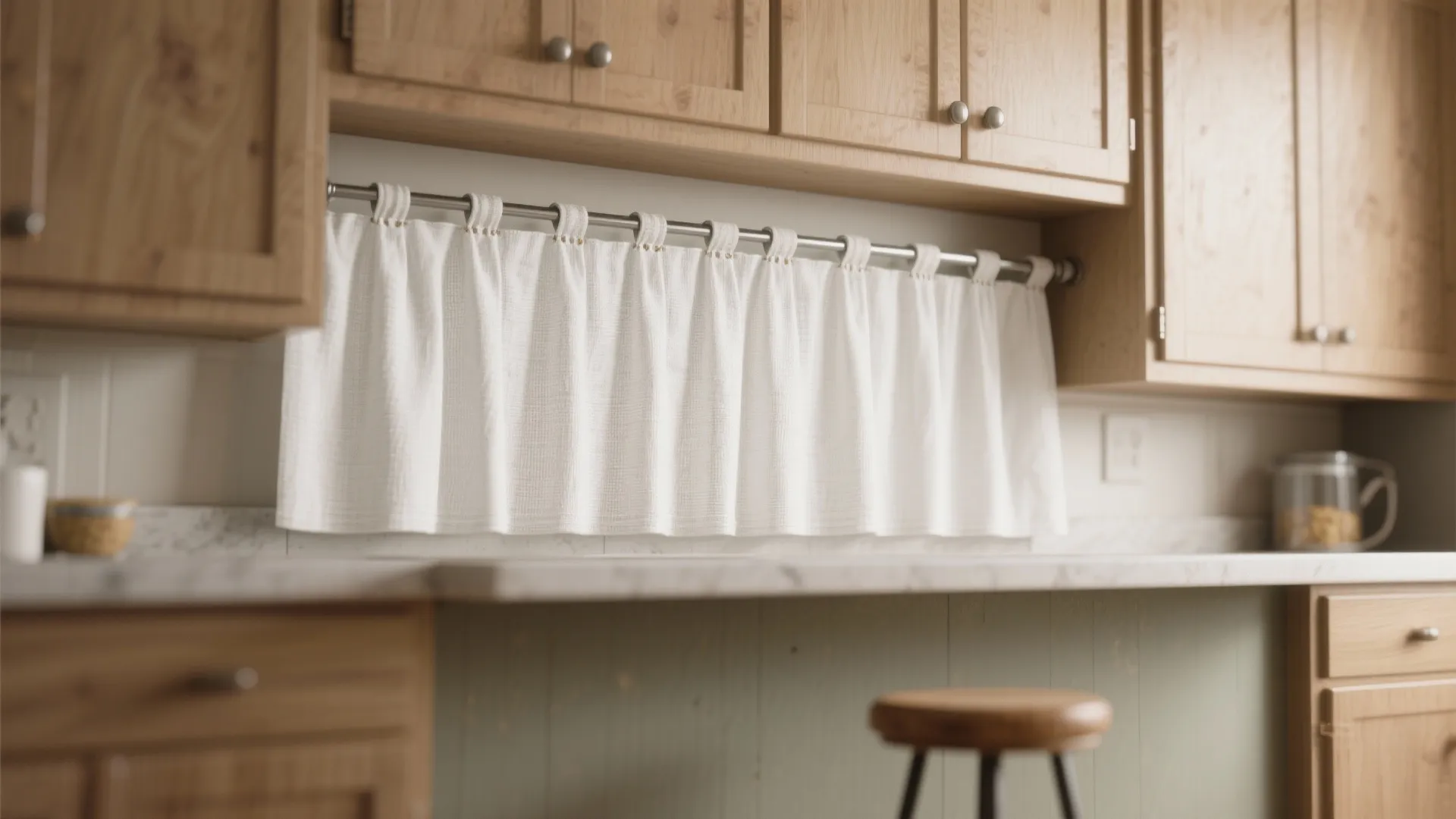 Small white curtain hanging below wooden kitchen cabinets over a marble counter with wooden stool