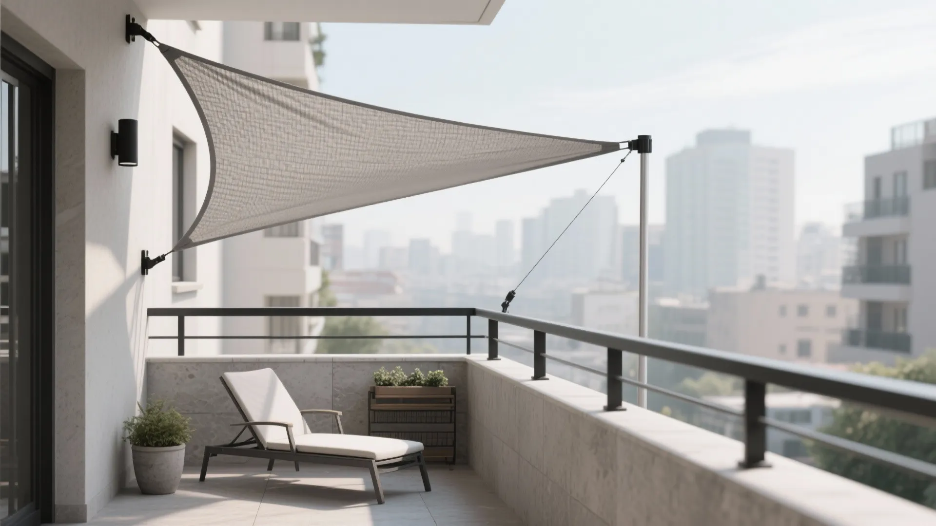 Beige triangular sun shade sail on a balcony with white lounge chair and city view