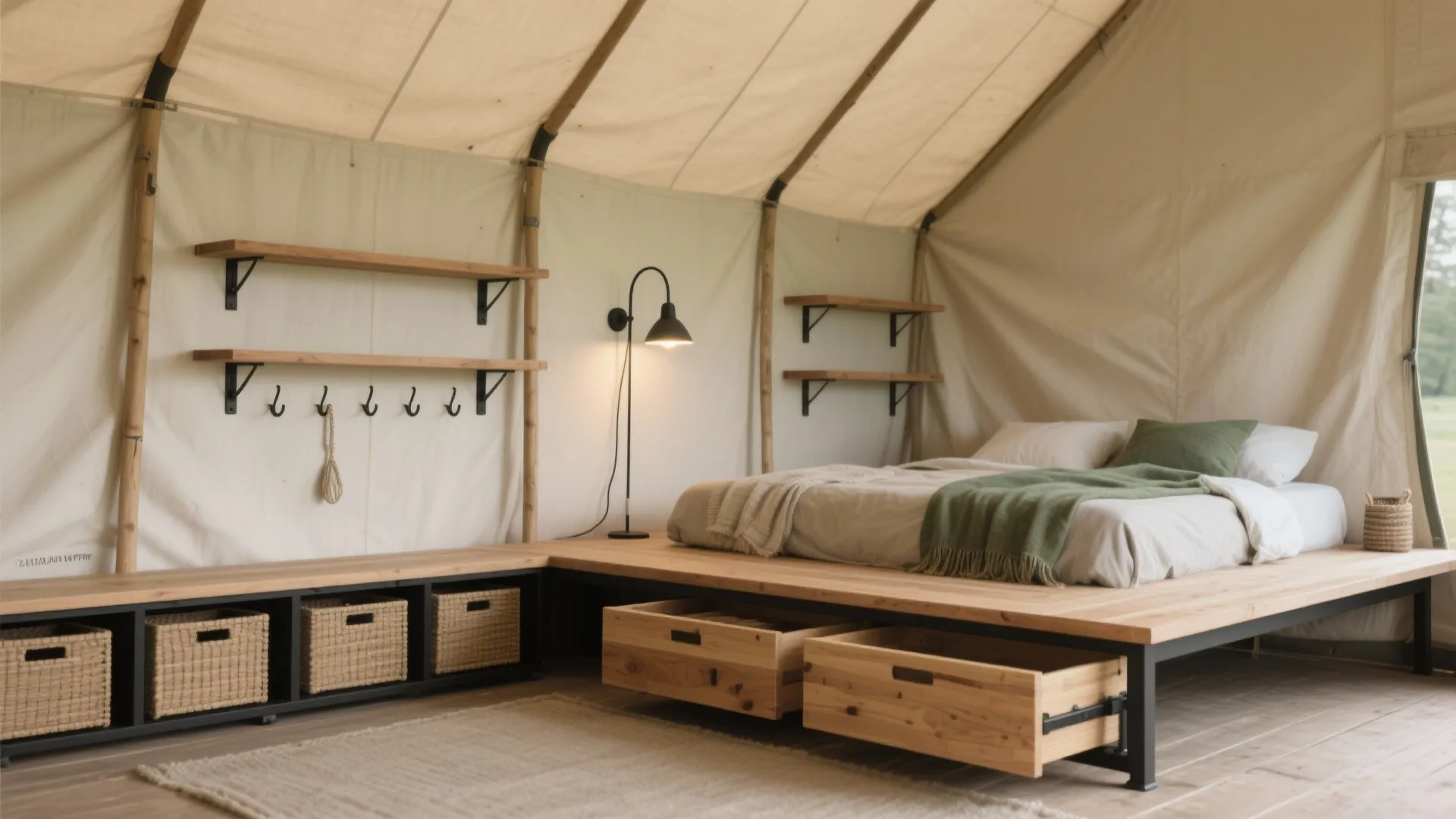 Canvas tent interior with floating rails, shallow shelves, and a raised platform bed with pull-out crates, lit by a soft LED sconce.