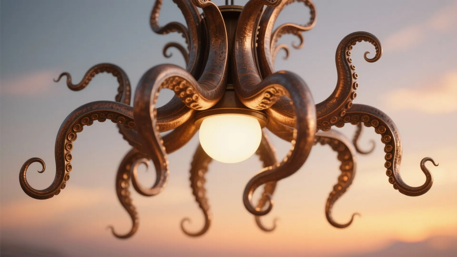 Macro view of a bronze pendant light shaped like curling tentacles
