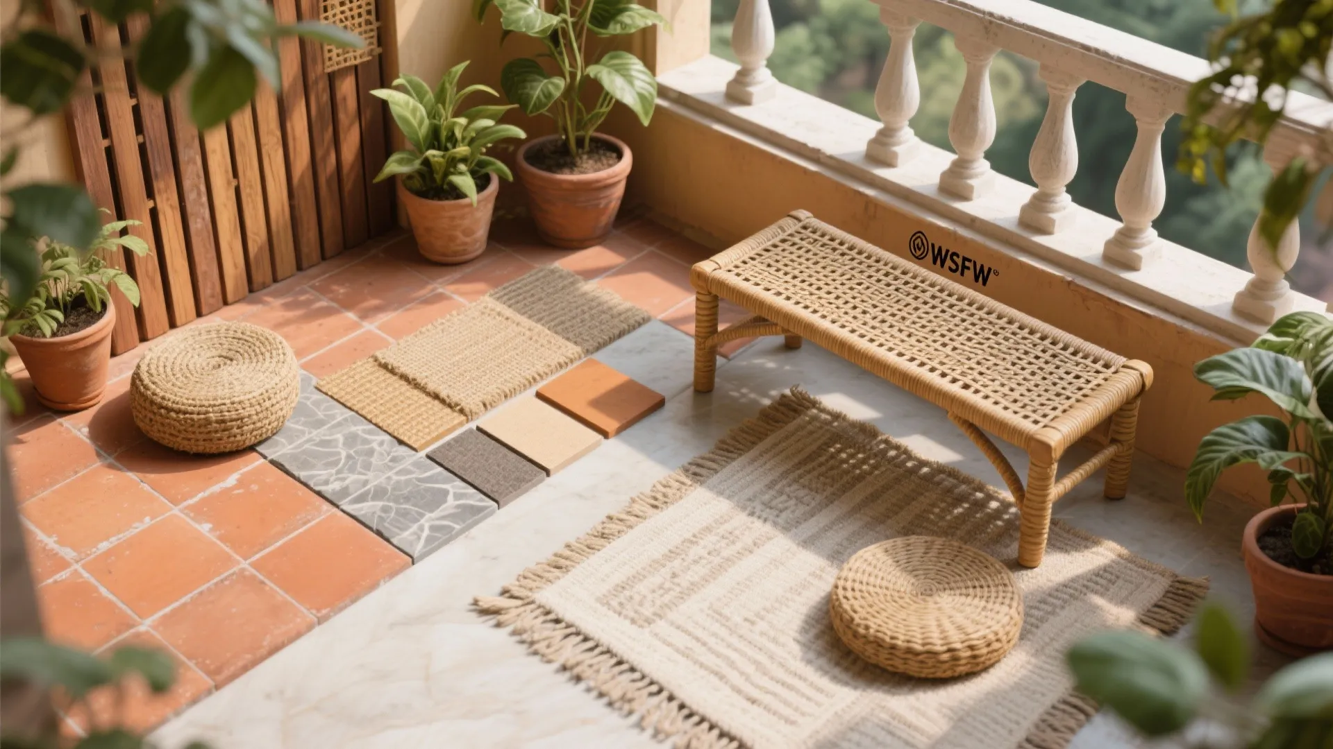 Sunny balcony with terracotta tiles and jute rugs featuring woven bench and round woven floor footrests