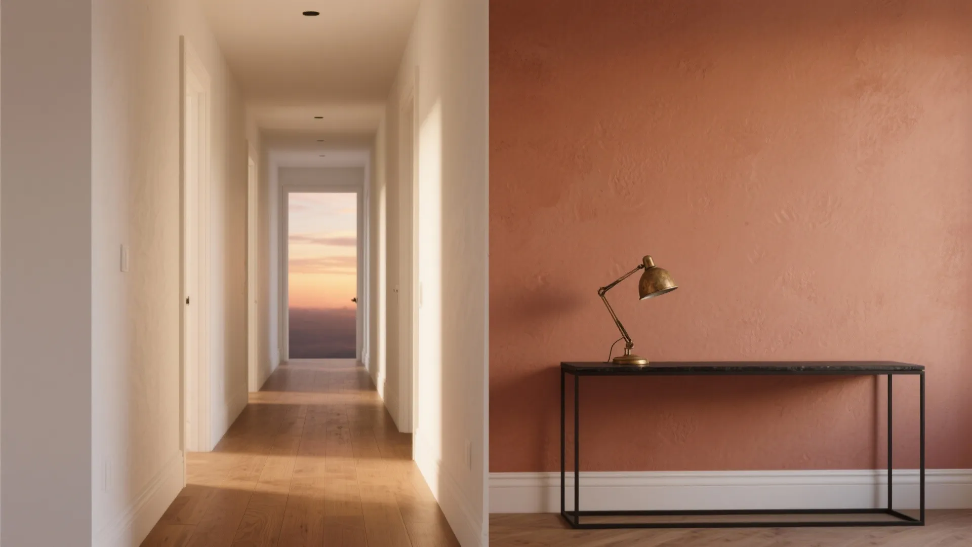 Split image showing a long hallway and an orange wall with a black console table