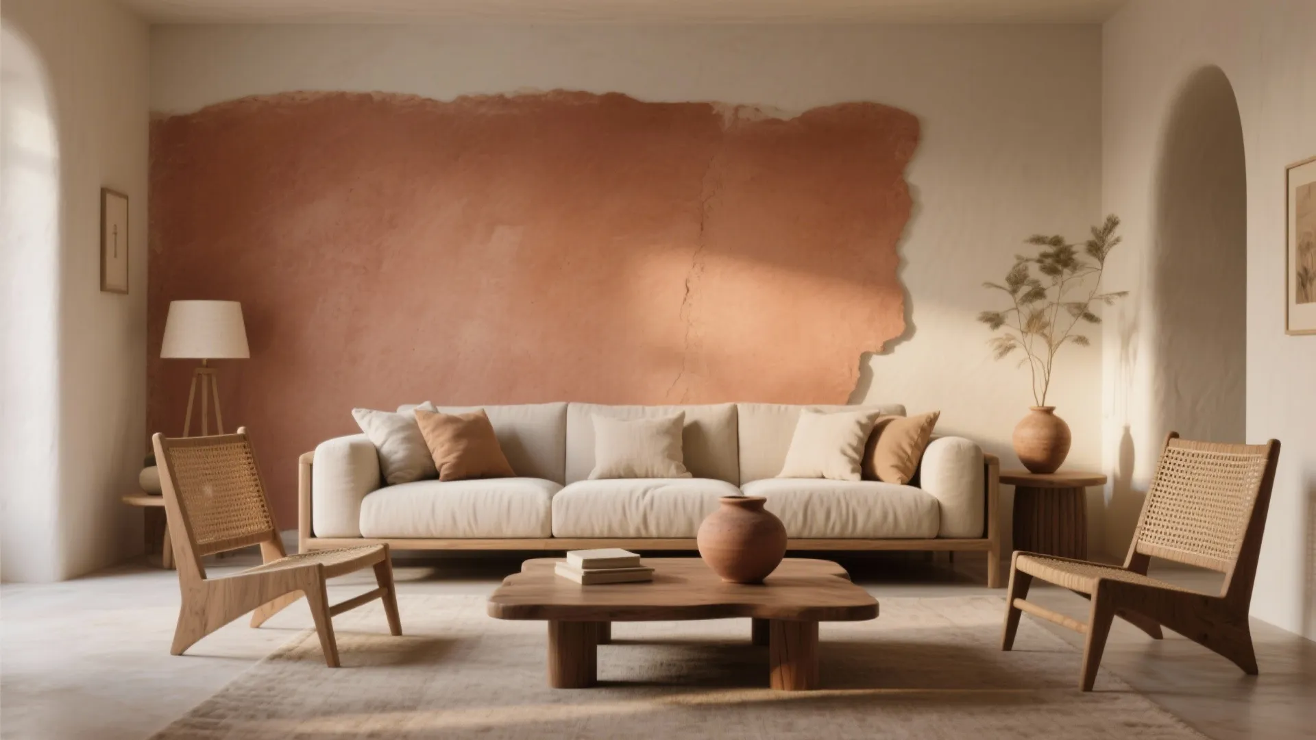 Modern living room featuring a terracotta wall accent with beige sofa and wooden coffee table