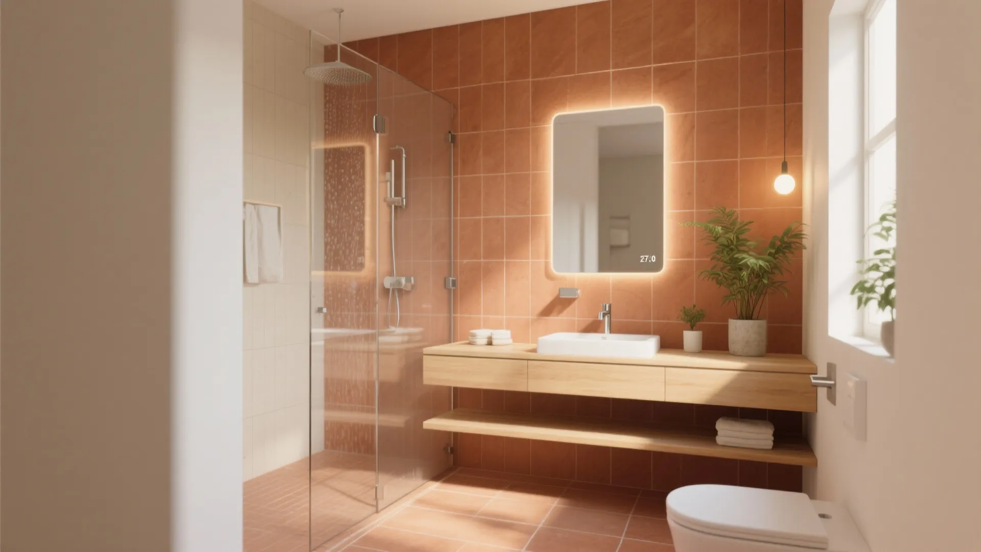 Modern bathroom with terracotta wall tiles wooden vanity white sink glass shower and lighted wall mirror