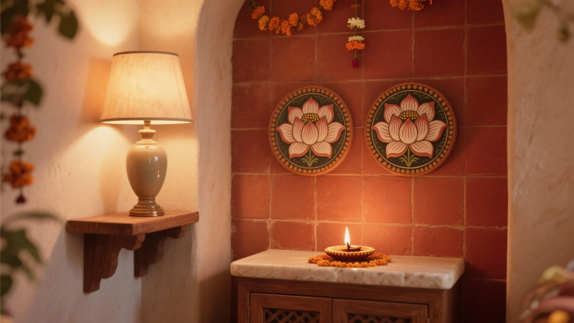 Red tiled wall with lotus flower art and warm lamp plus burning candle on marble table
