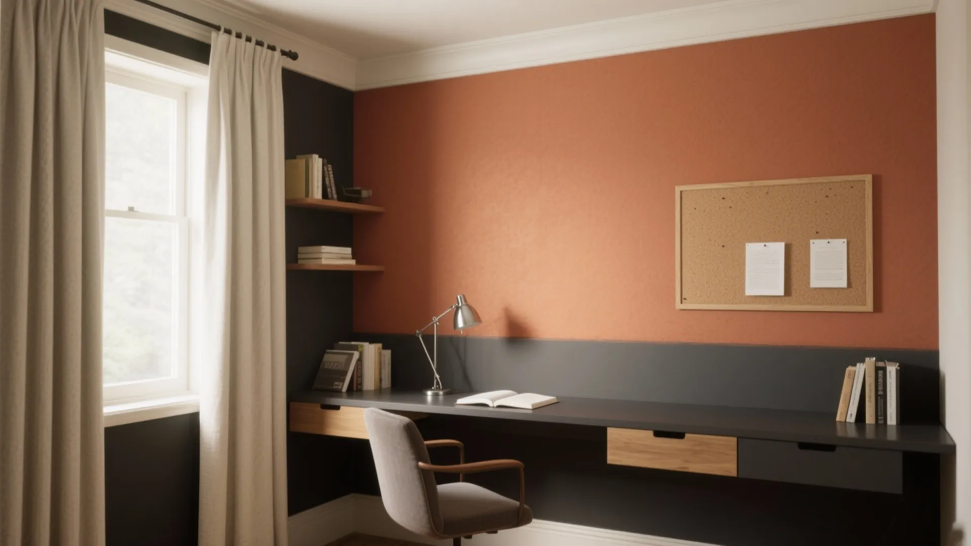 Modern home office with orange and black wall colors plus a desk chair and lamp