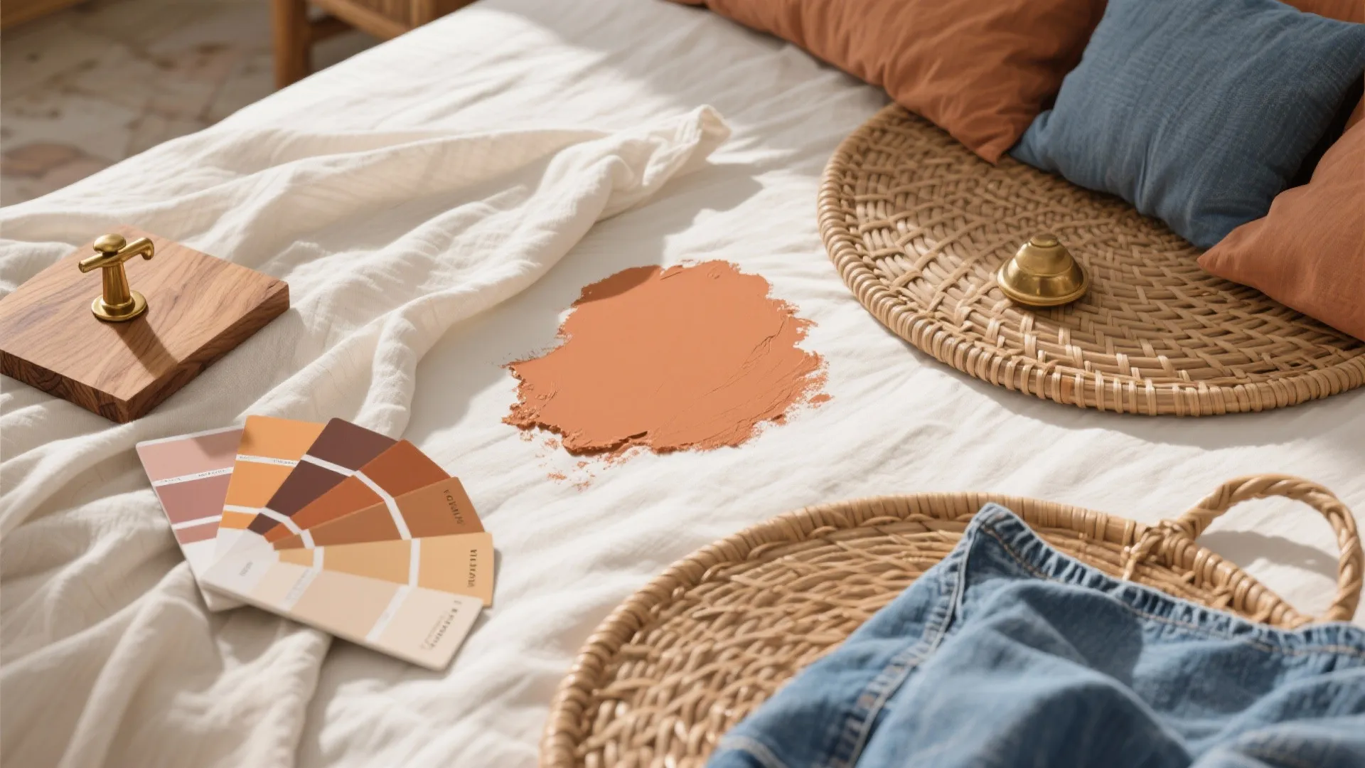 Earth tone color palette with paint sample and woven trays on white textured fabric background