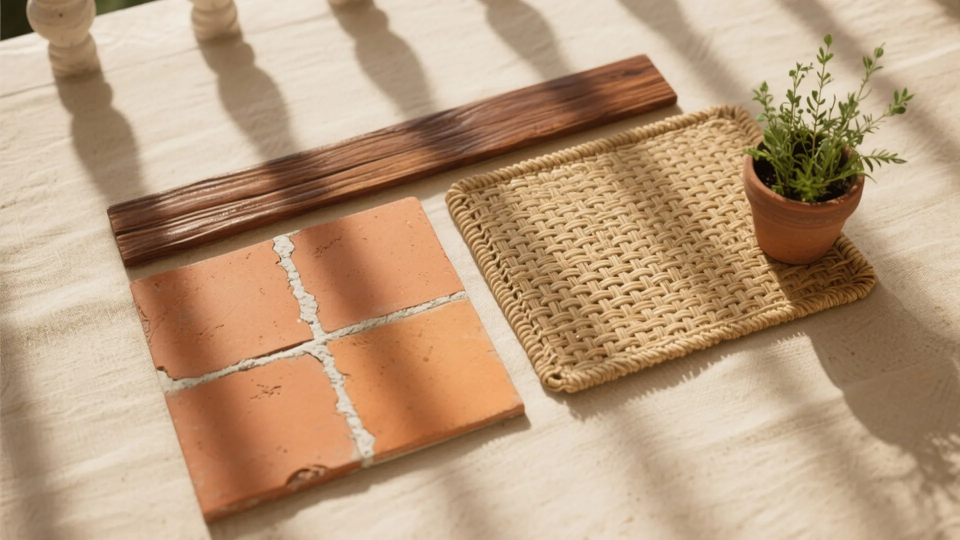 Interior design material samples showing orange floor tiles wood pieces woven mat and small potted plant