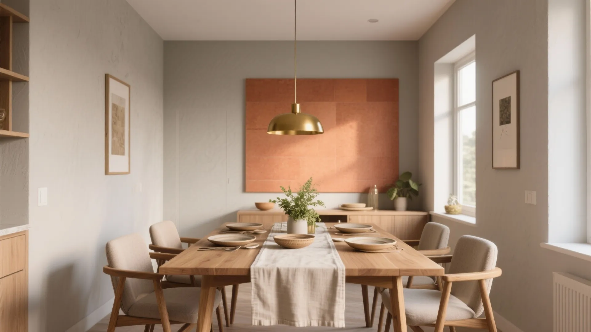 Modern dining room with wooden table four beige chairs gold ceiling light and orange wall art