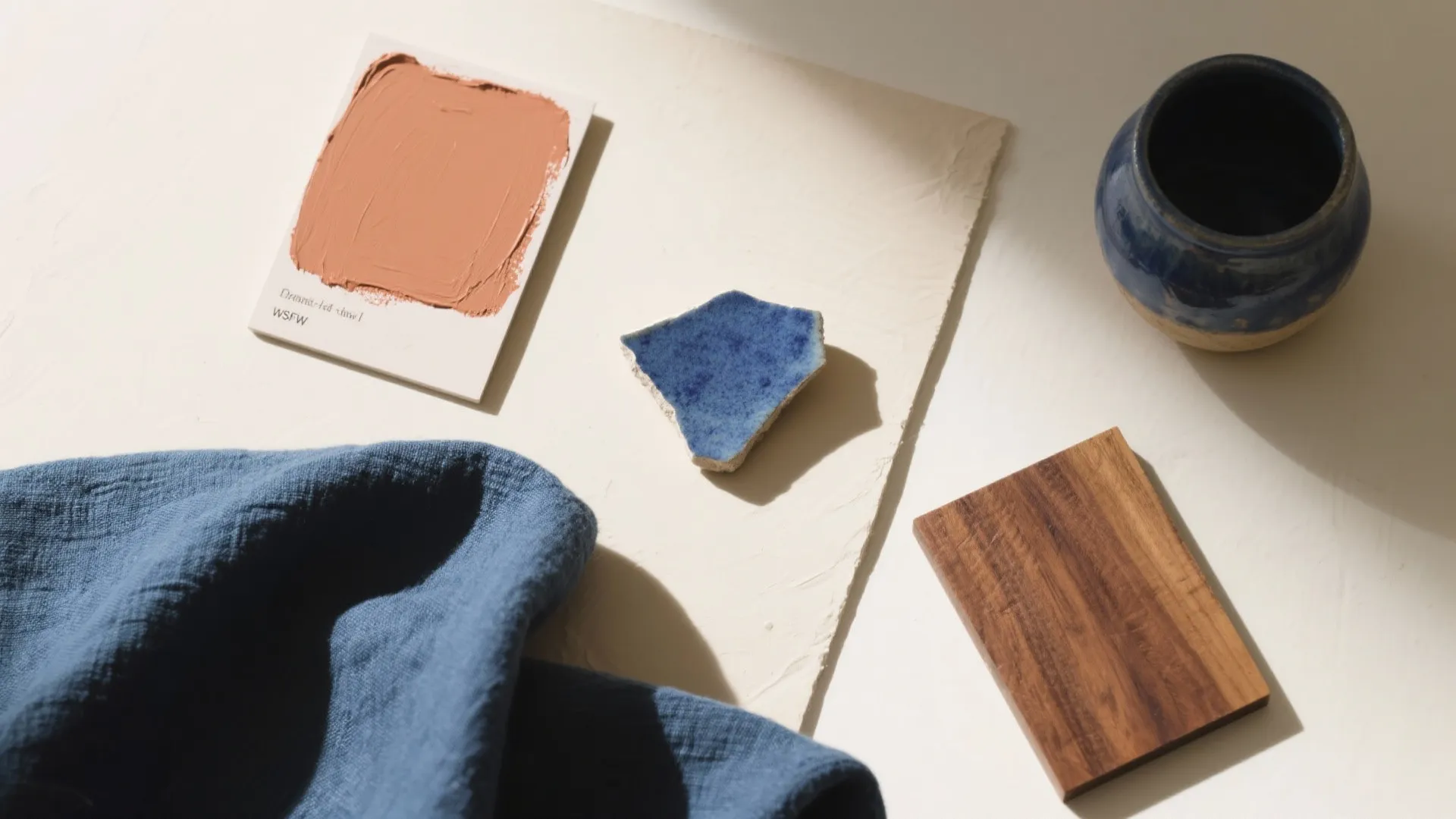 Blue fabric, orange paint sample, wood block, and blue pottery on a light colored background