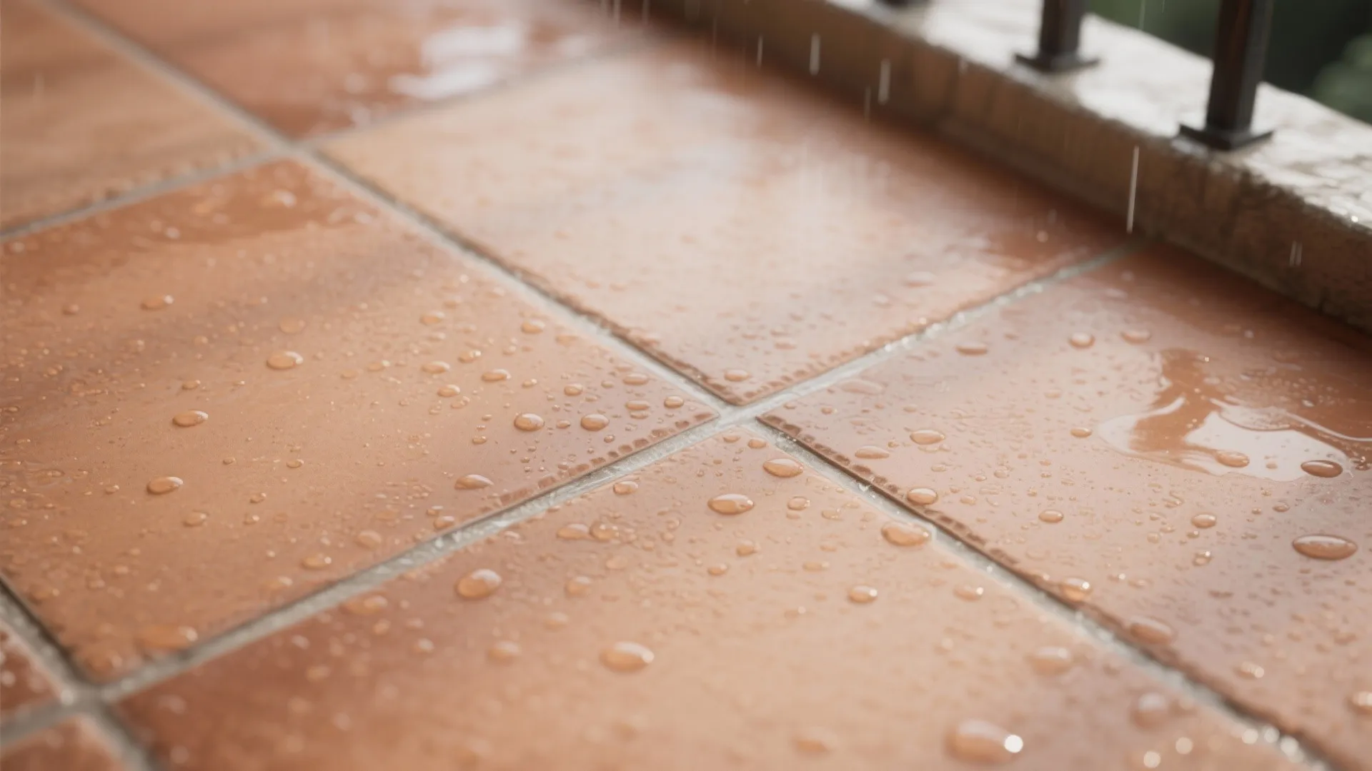 Close up of brown floor tiles with water drops from rain near a balcony metal railing