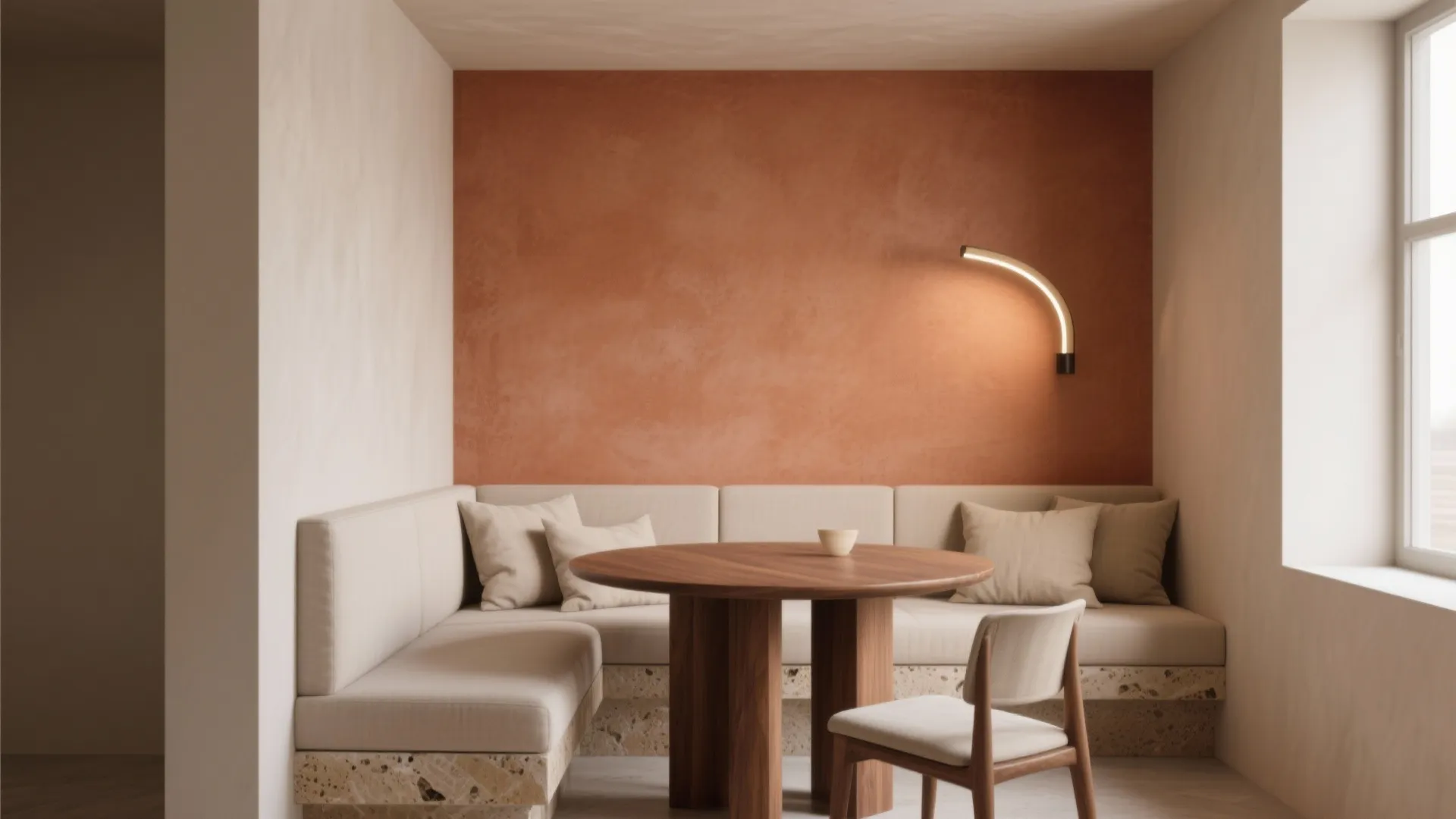 Cozy dining area with terracotta wall curved wall light wooden round table and beige sofa
