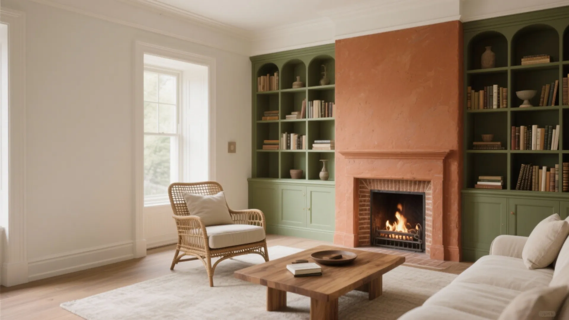 Cozy living room featuring orange fireplace green wall shelves wicker chair and low wooden coffee table