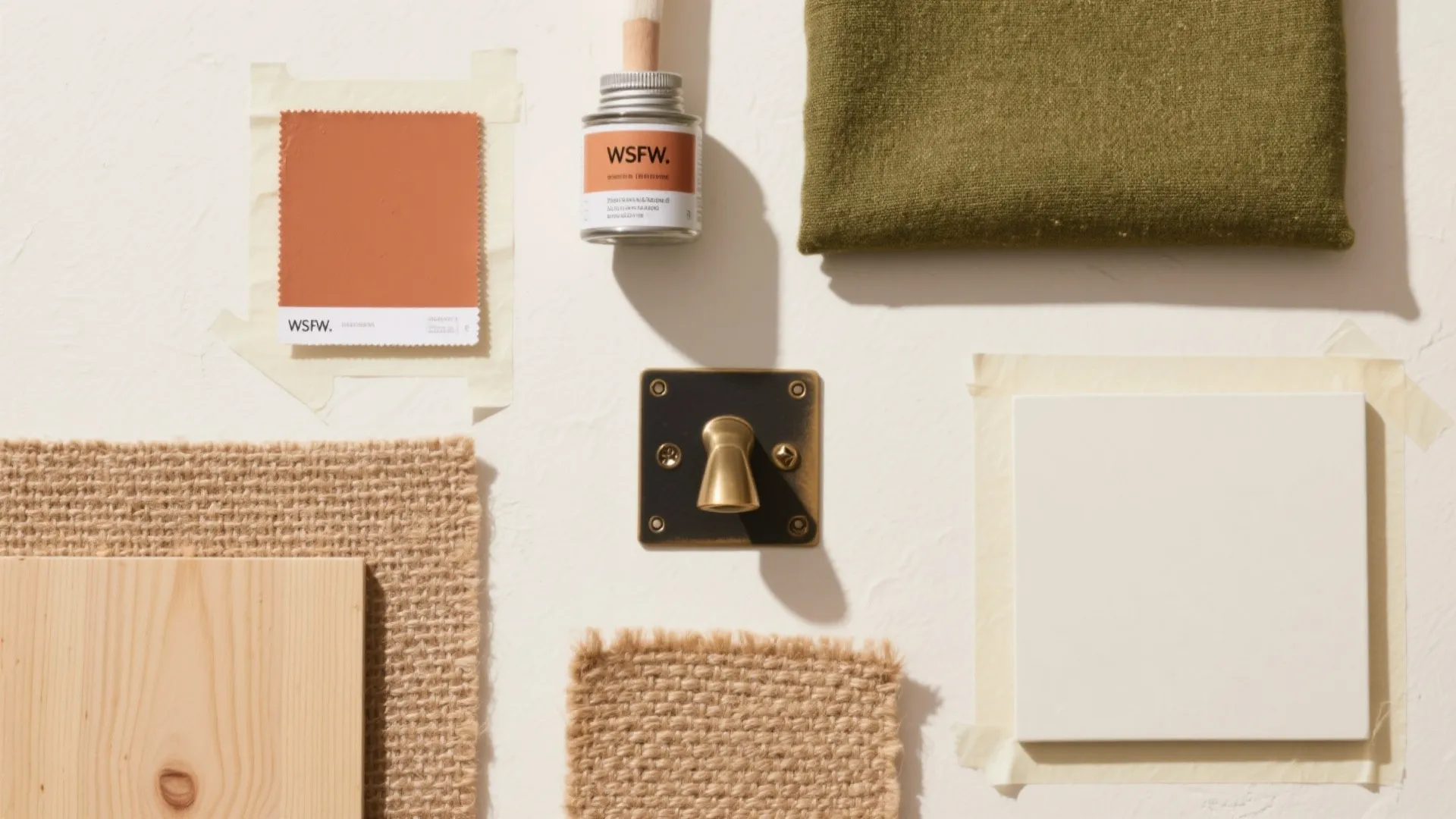 Top-down flat lay of terracotta and olive swatches with oak, jute, black metal, and brass accents.