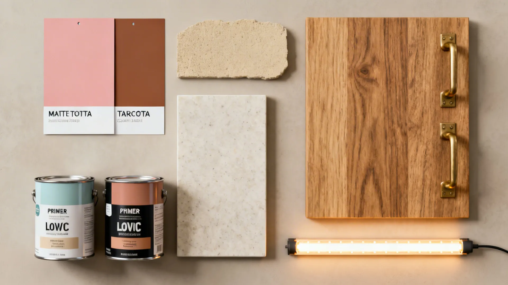 Flatlay of terracotta and sand swatches with oak, brass, and quartz samples.
