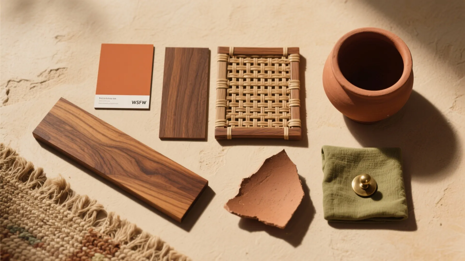 Flat lay of terracotta, teak wood, woven cane, jute, olive fabric, and brass on a neutral background.