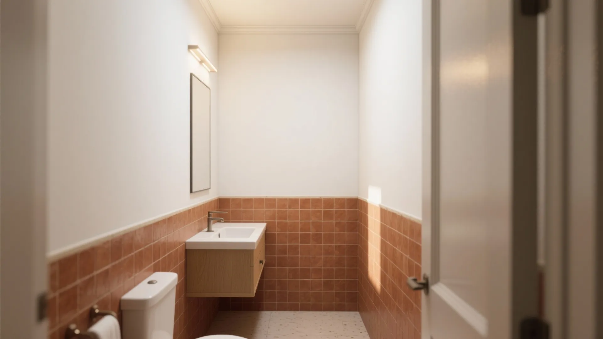 Modern bathroom with white walls orange square wall tiles wooden cabinet white sink and mirror