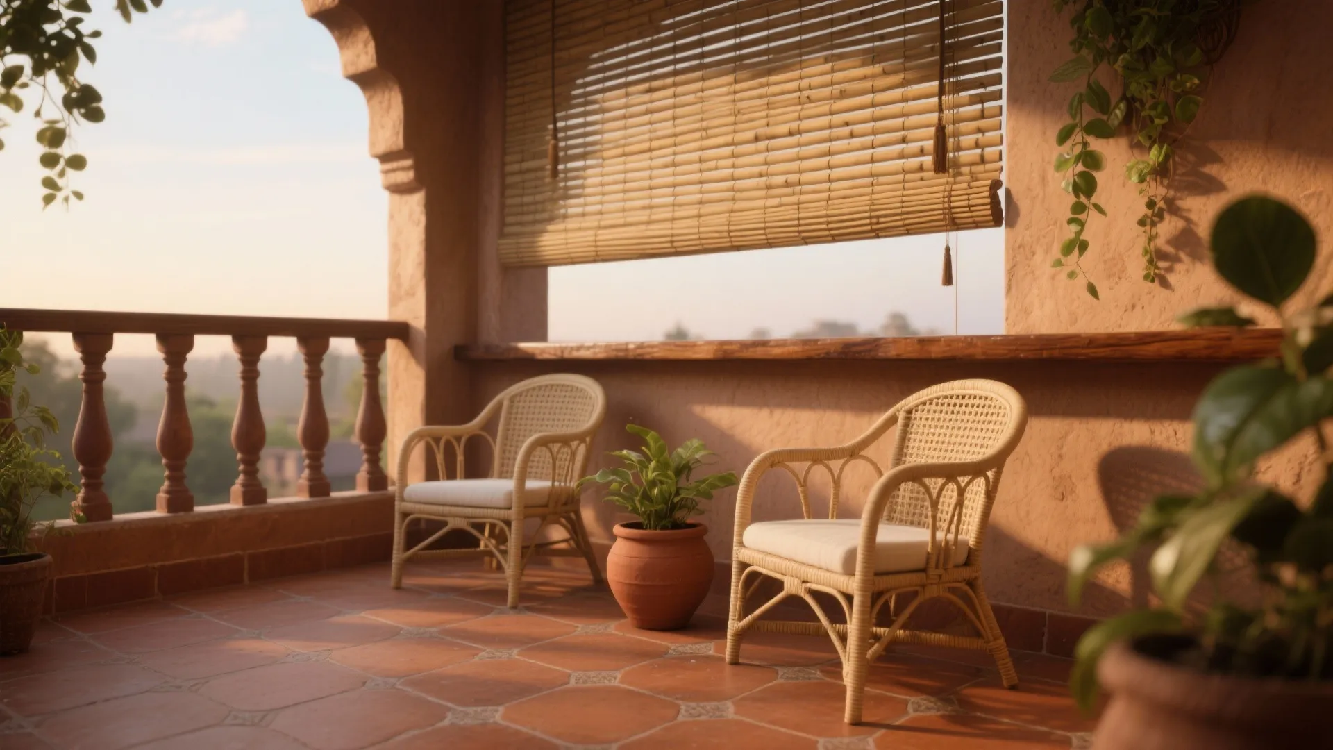 Mediterranean balcony with two woven chairs, potted plant, terra cotta floor tiles and bamboo blind