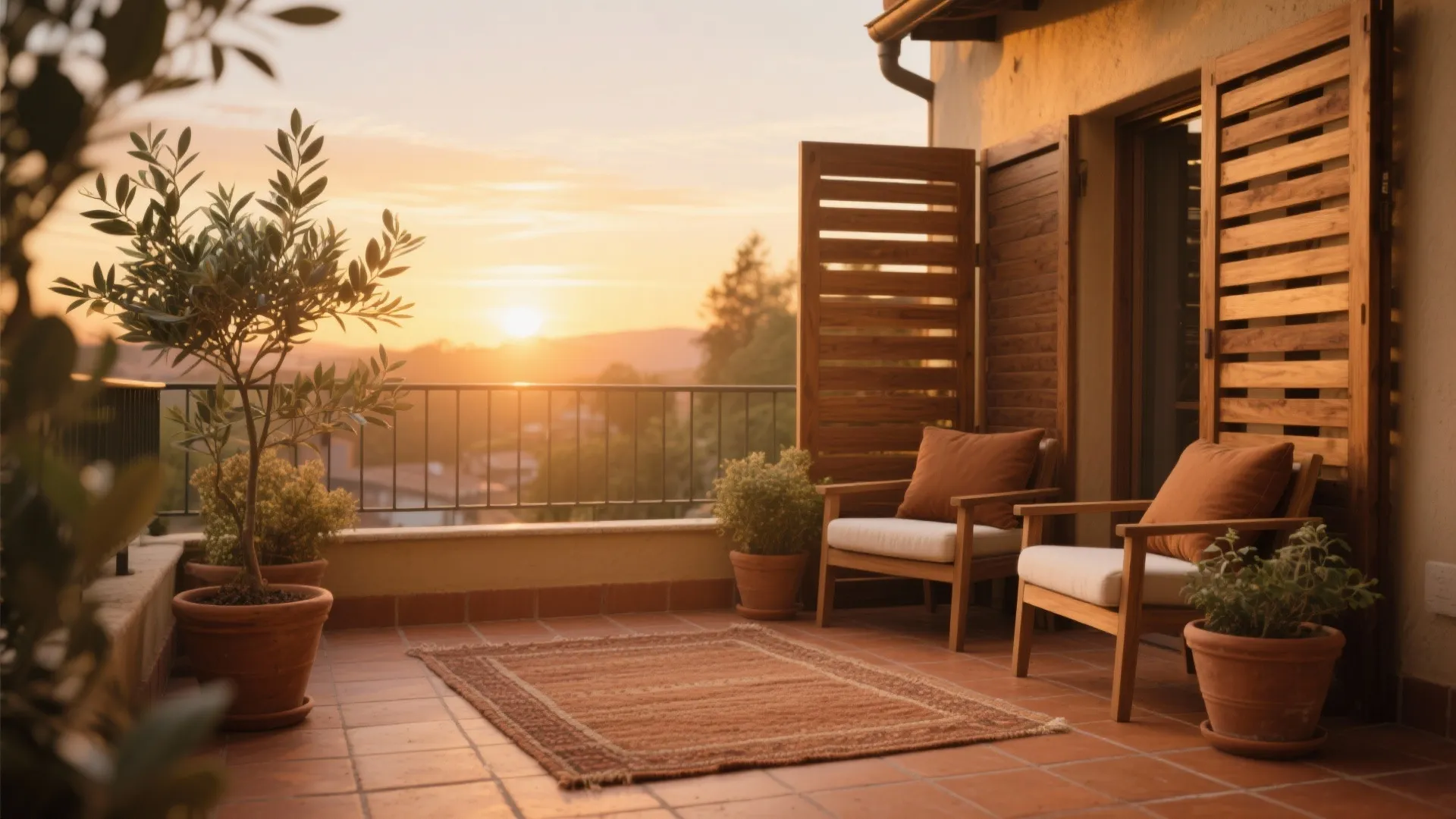 Outdoor terrace at sunset with wooden chairs rug potted plants and view of the hills scenery