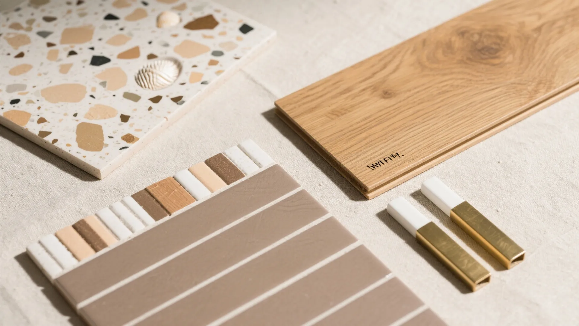 Interior design material samples including terrazzo tile, wood plank, brown striped tiles, and gold cabinet handles