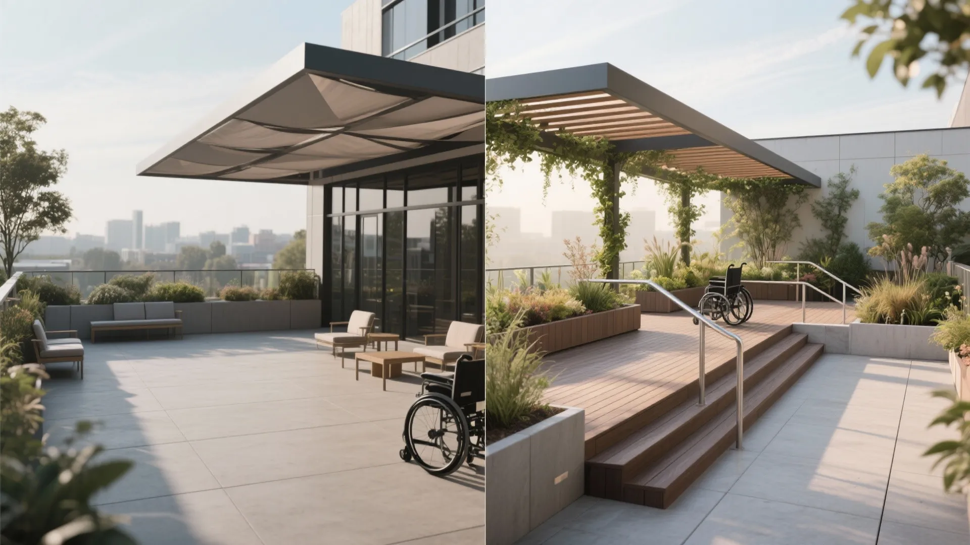 Before and after comparison showing a basic terrace transformed into a lush accessible roof garden