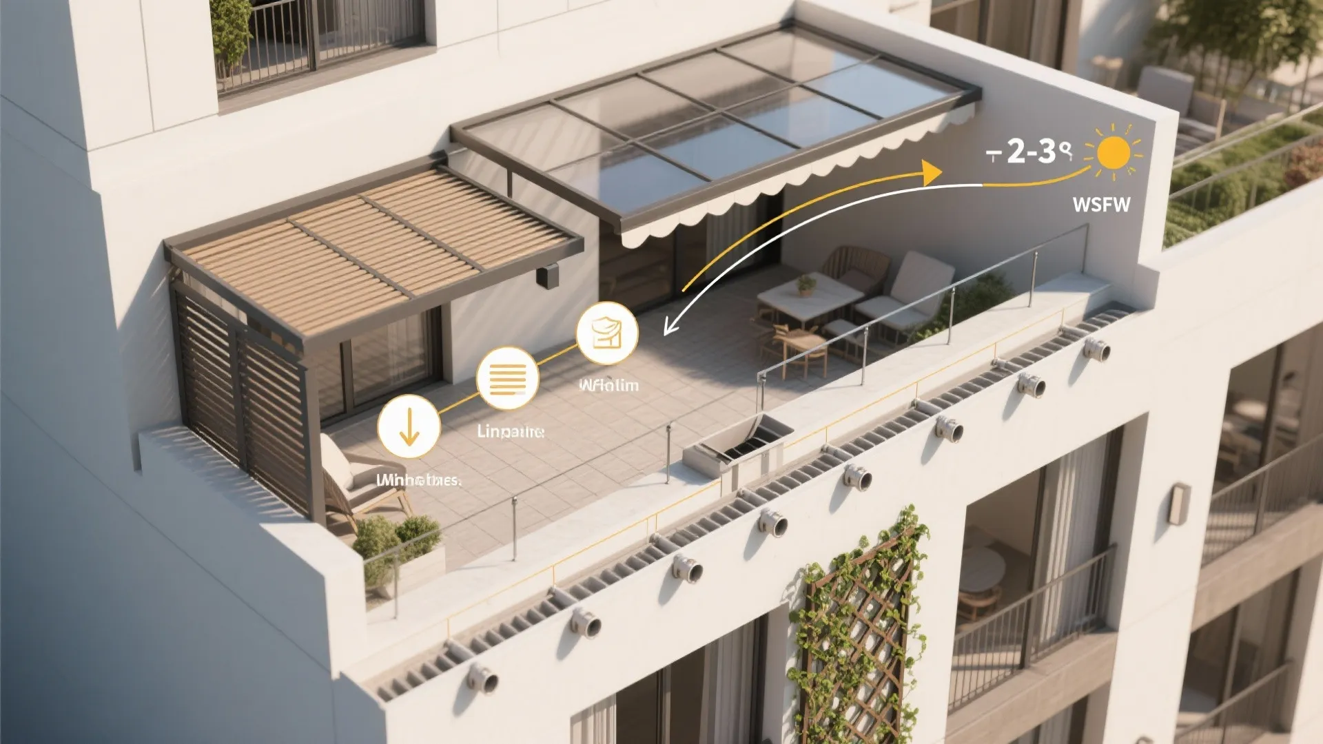 Aerial view diagram of apartment balcony showing glass canopy and sun shade with temperature icons