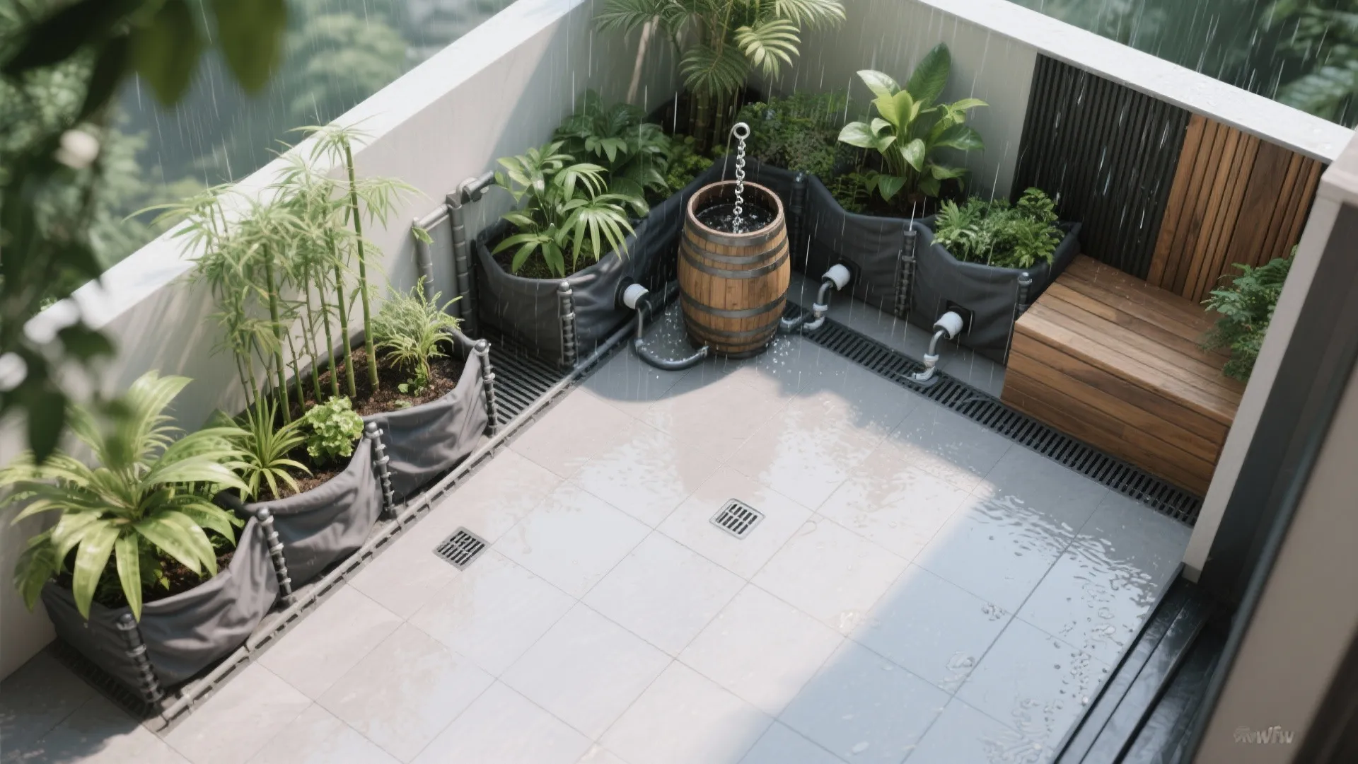 Rooftop terrace garden with rainwater barrel drainage system green plants wooden bench and floor floor drains