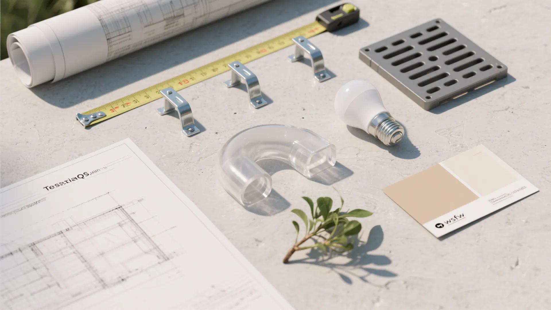 Interior design floor plan next to a light bulb, tape measure, and various construction materials