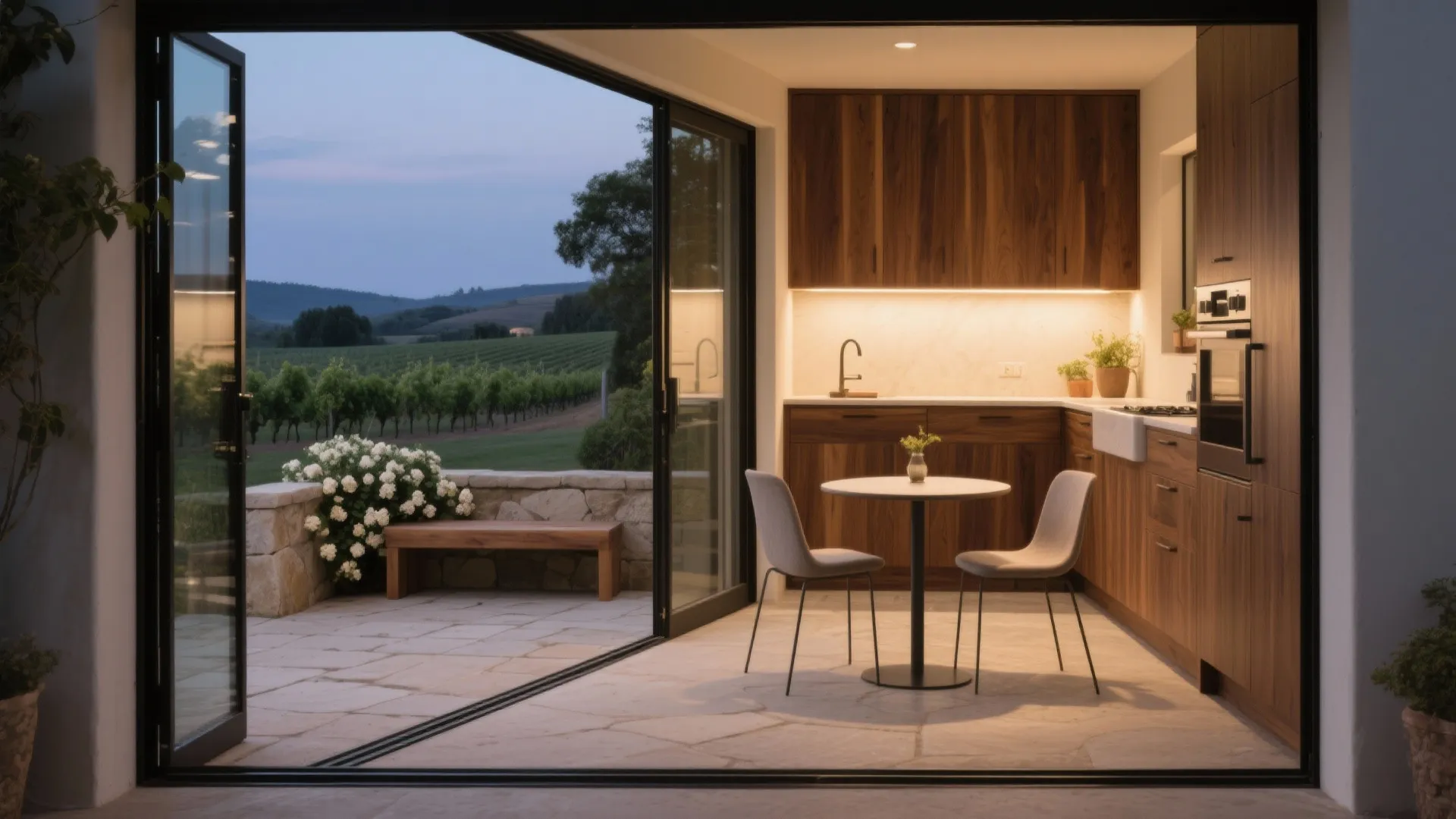 Cozy kitchen and dining area opening to an outdoor patio with vineyard views and furniture