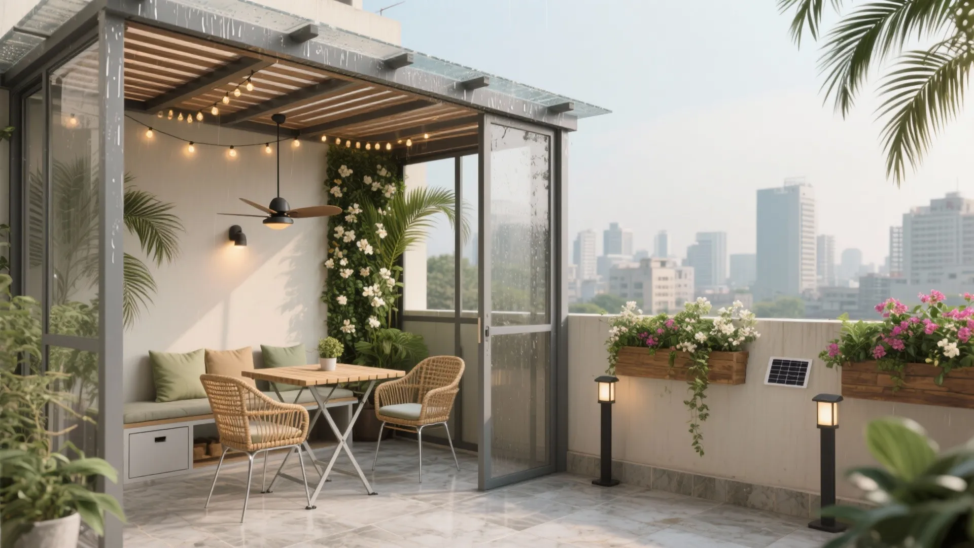 Modern balcony design with glass roof wooden table wicker chairs green plants and city view