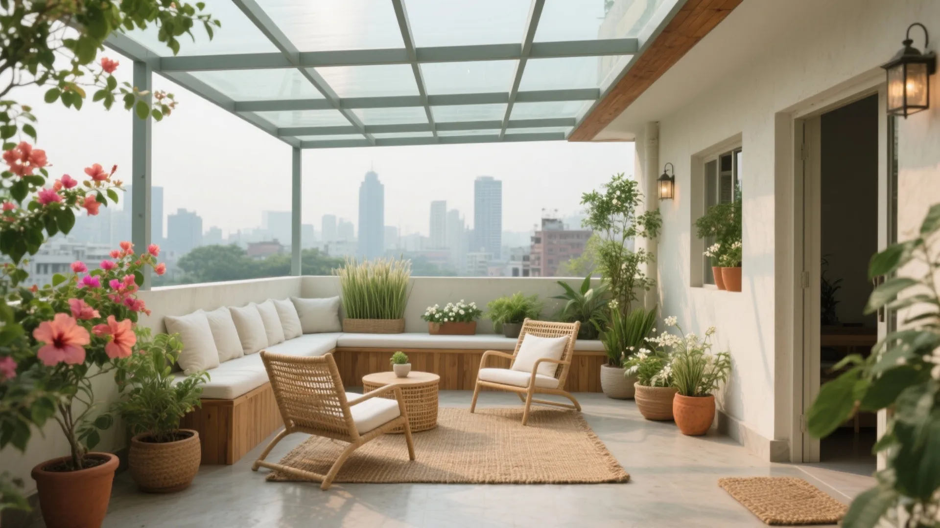 Rooftop terrace design with glass roof wooden seating area woven chairs plants and city view